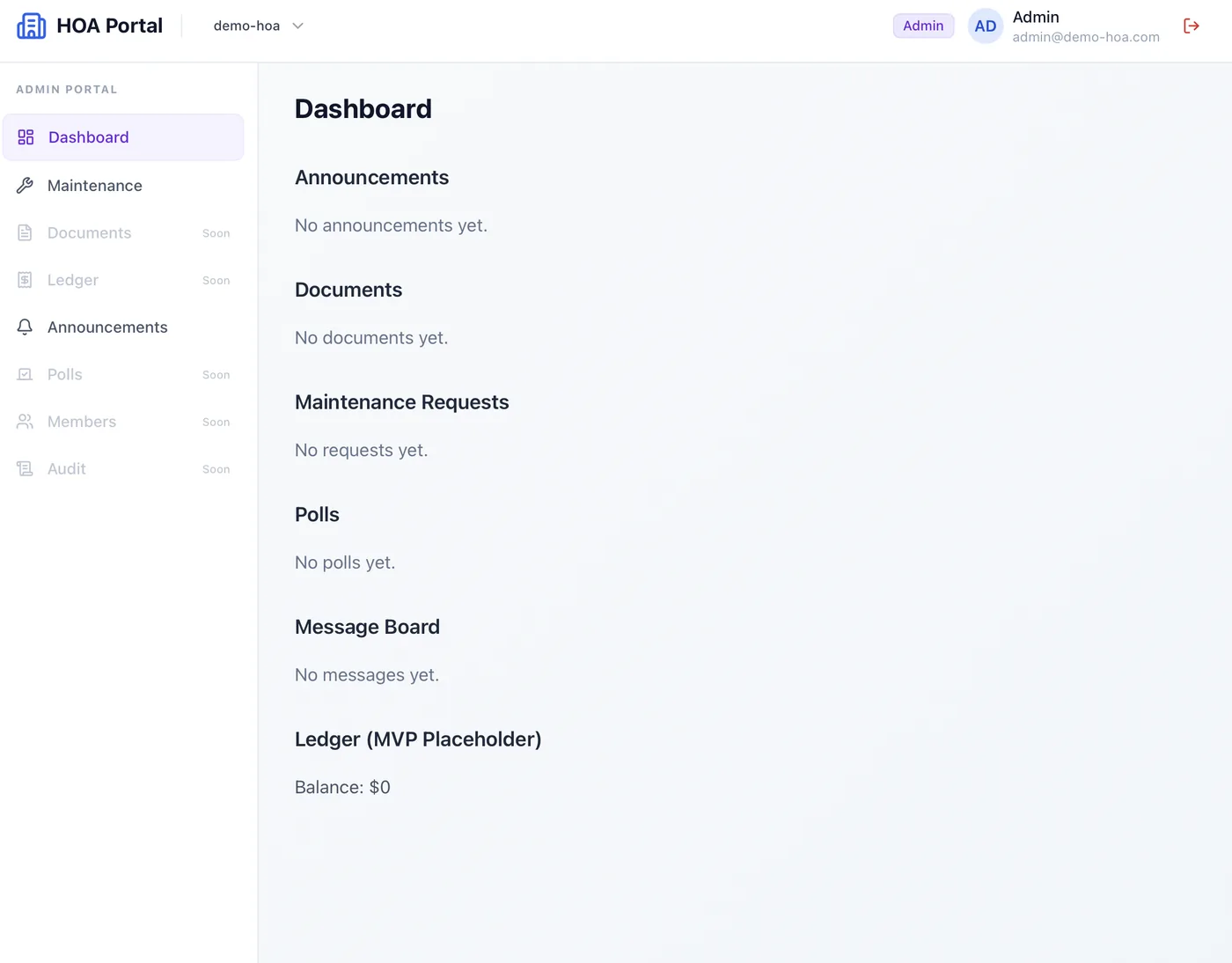 HOA Portal App admin dashboard with announcements, maintenance, and community modules