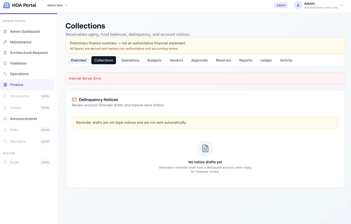 HOA Portal App collections workspace for receivables and delinquency notices