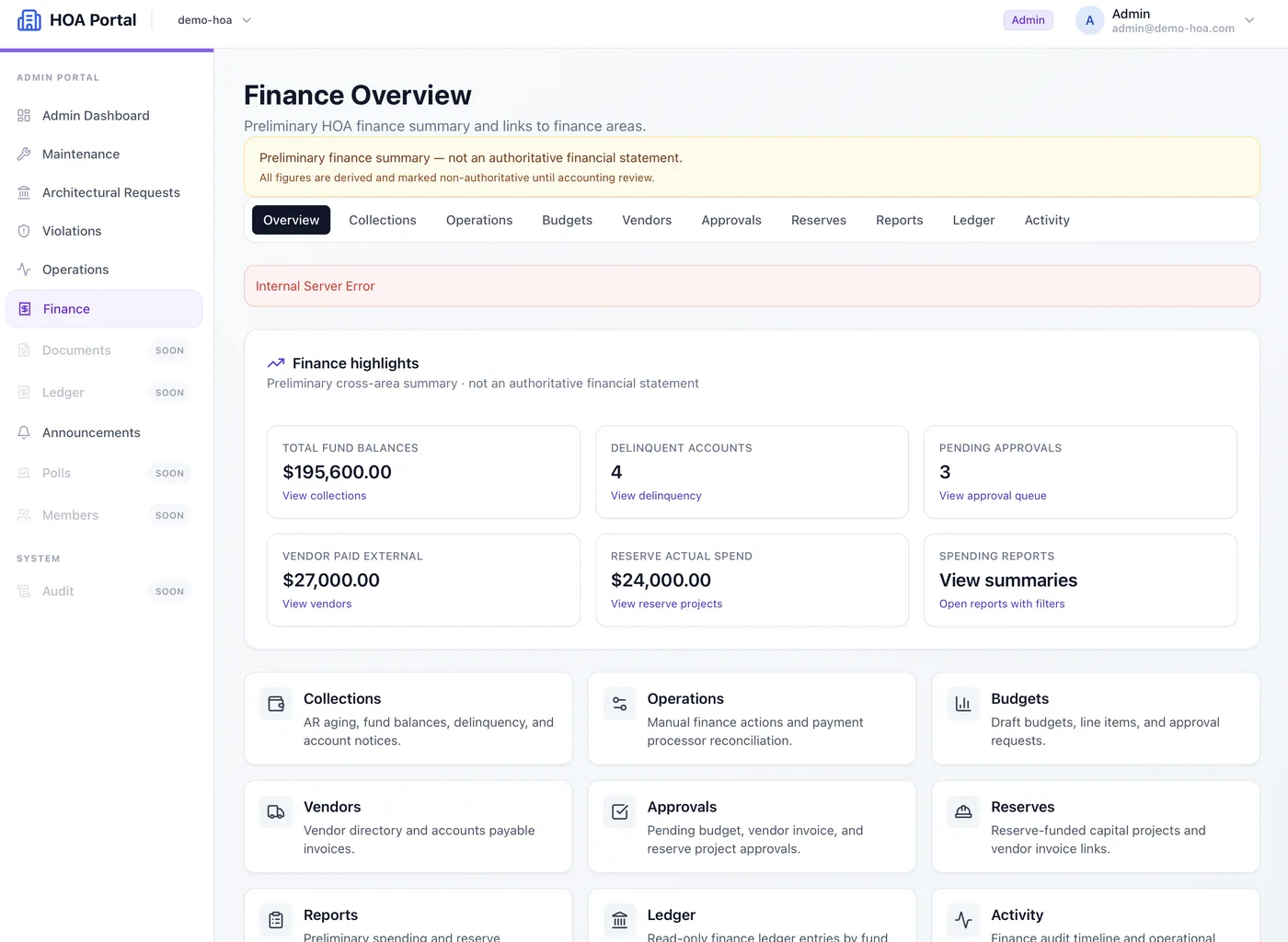 HOA Portal App finance overview with fund balances and approval queues